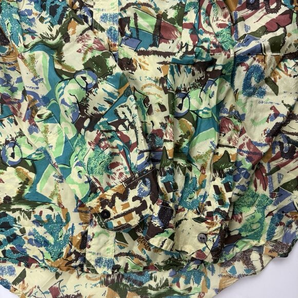 Vintage SUBSTUDIO Mens S Green Abstract Art Silk Button Up Long Sleeve Shirt 90s - Picture 4 of 6
